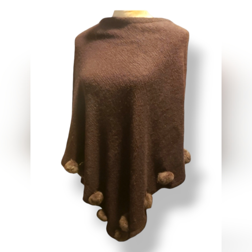 Jennifer Sun Brown Poncho With Fur Pompons One Size Fits All